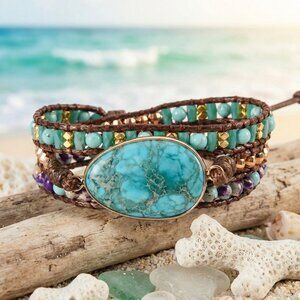 Handmade Blue Imperial Jasper Wrap Bracelet 💎 Boho Chic Beaded Vintage Jewelry